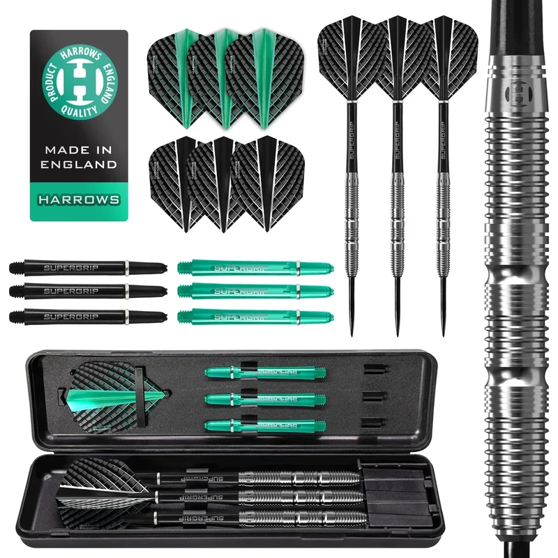 Harrows NX Elite 90% Tungsten Steel Tip Darts Set | 21 g bis 26 g alle Gewichte verfügbar | Riesiges 17-teiliges Bundle mit Supergrip Shafts, Quantum Flights & Reiseetui (26 Grams)