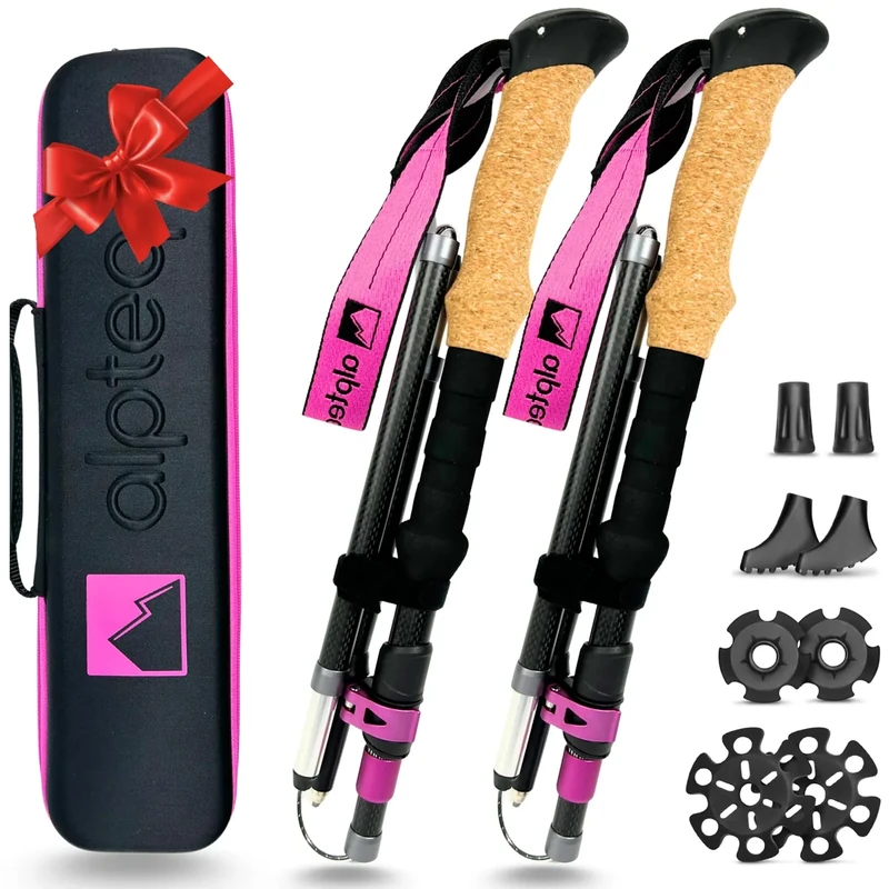 Alpteq® Wanderstöcke faltbar Carbon mit Korkgriff | Bergsport Trekkingstöcke | Nordic Walking Stöcke Damen & Herren | extra leicht und Teleskop variabel (Carbon 100-120 cm | Hot Pink)
