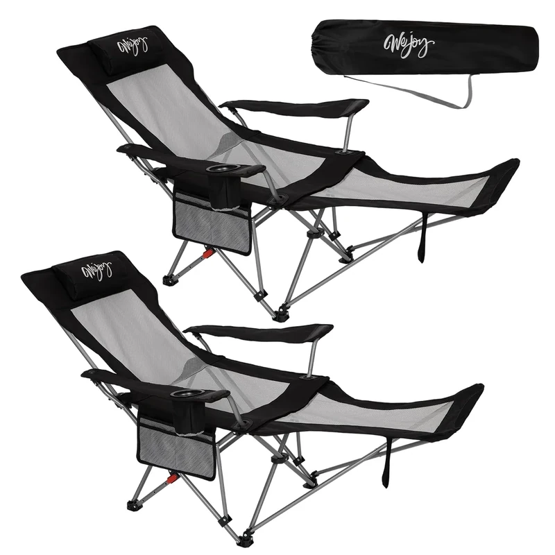 #WEJOY 2-in-1 Campingstuhl Faltbar 180kg mit Fußstütze,Strandstuhl mit 4-Fach Verstellbarer Rückenlehne, Relaxsessel Liege mit Getränkehalter, Liegestuhl für Outdoor Camping Schwarz/Grau 2er Set