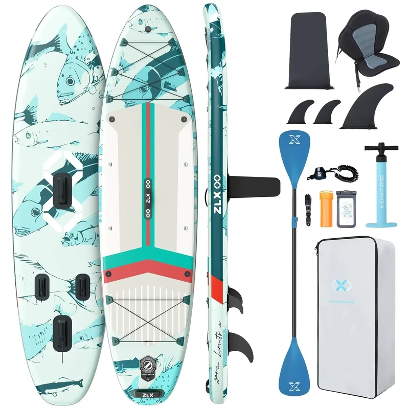 ZLX 350cm Extra Groß Stand Up Paddle Board mit Sitz Große Tragfähigkeit 550LB Inflatable SUP Board für Erwachsene Anfängerfreundlich Stabiles Anti-Rutsch-Deck, Pumpe, SUP Paddle