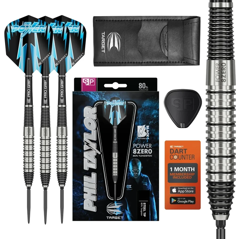 Target Darts Phil Taylor Power 8-Zero 2 Steel Tip Darts, Dart-Set aus 80% Wolfram, 26G | Power 8 Zero Player Edition Darts mit Swiss Points, Pro Grip Schäften, Nr. 6 Dart-Flügen und SP-Werkzeug
