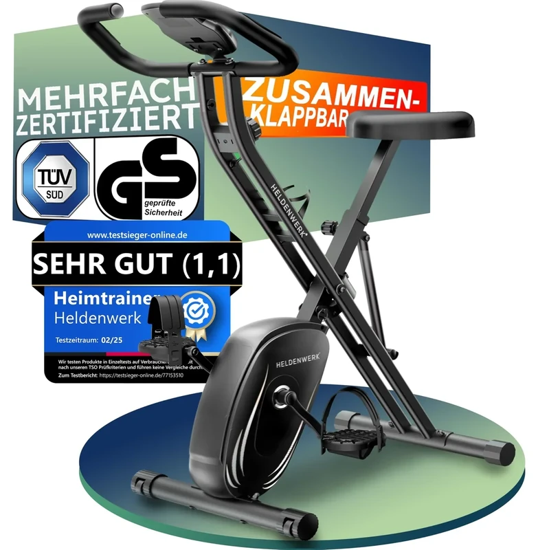 HELDENWERK Heimtrainer fahrrad Klappbar Set-extra bequem & leise- [FlexiFoam] bis 150KG Belastbar Ergometer fahrrad, Hometrainer, Ergometer Heimtrainer Senioren, Fitnessbikes, home trainer