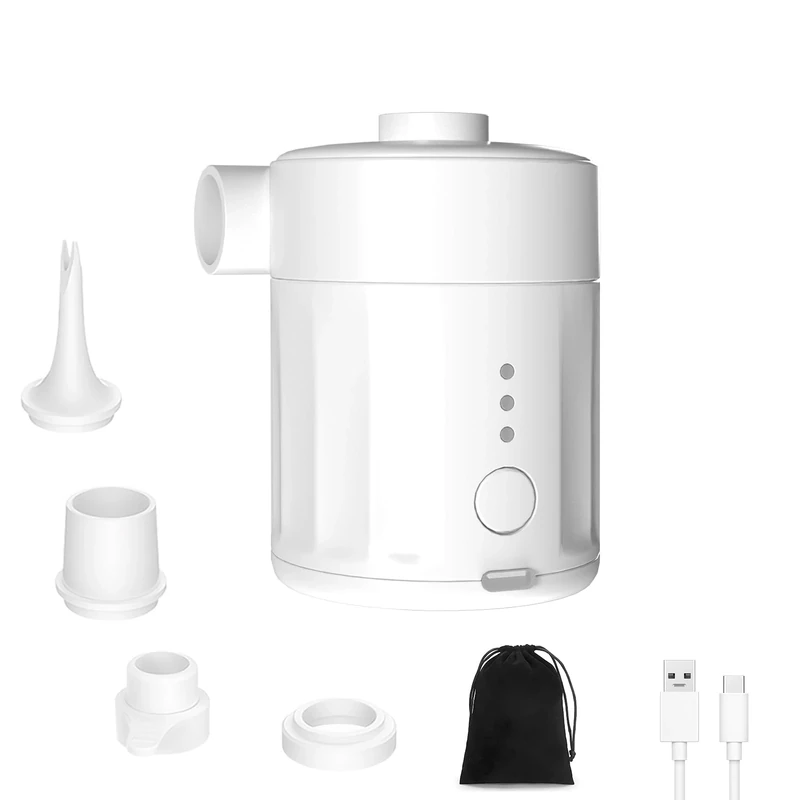 Mojimdo Tragbare Elektrische Luftpumpe, 5000 Pa Pumpe Akku, 450L/Min, Kompakte Air Pump mit 4 Düsen, für Camping, Luftmatratze, Schwimmring, Luftkissen, Schlauchboot, Vakuumbeutel