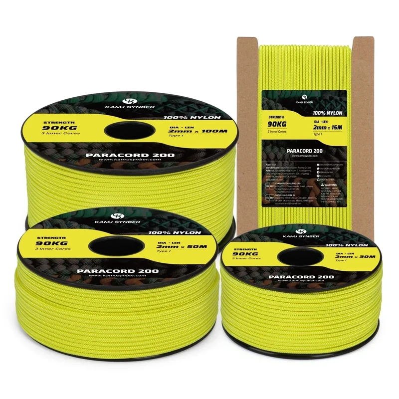 Kamu Synber Paracord 2mm 100M Seil 100% Nylon Schnur mit 3 Kern Reißfeste Typ I für Basteln, Outdoor, DIY, Camping | Tragkraft 90kg | Neongelb