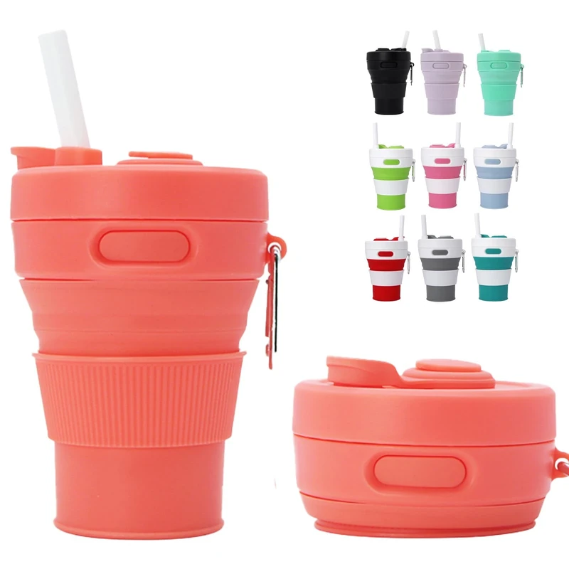 MORAINJAY 450ml Silikon Faltbare Becher Orange mit Stroh Kunststoff Deckel, Bpa-Frei Faltbecher, Wiederverwendbar Tragbares Silikonbecher Reisebecher für Outdoor Camping Picknick Wandern Reisen