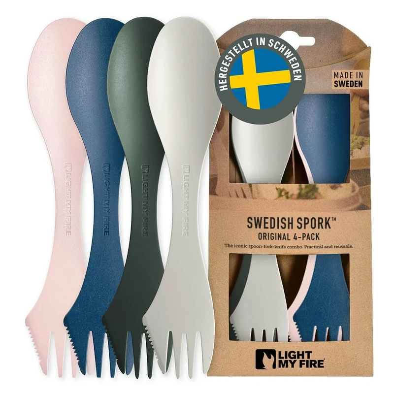 Light My Fire Spork Original Göffel 4-Pack - 3-in-1 Campingbesteck - Löffel, Gabel, Messer - Reisebesteck - BPA-Frei & Bio-Basierter Kunststoff (4er-Pack Meadow)