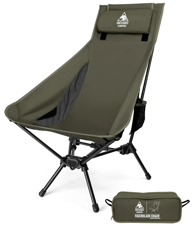 OneTigris TIGERBLADE Campingstuhl Hochlehner faltbar 170 kg, Klappstuhl Camping leicht Dreiecksrahmen, Angelstuhl klappbar mit 2 Seitentaschen, Faltstuhl Ultraleicht für Outdoor, Wandern(Ranger Grün)