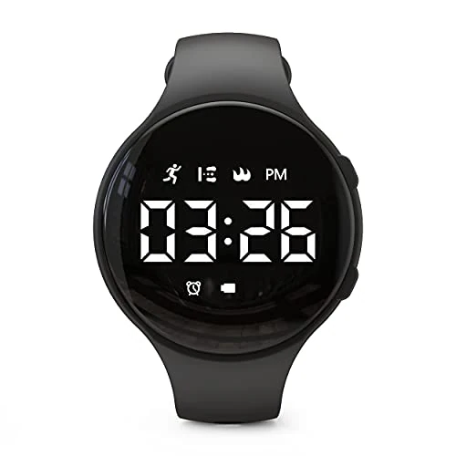 Focwony Kinder-LED-Fitness-Tracker-Uhr, Schrittzähleruhr Digitaluhr, Armbanduhr, Schrittzähler/Entfernung/Kalorien/Wecker, Tolles Geschenk für Kinder Teenager Mädchen Jungen (Schwarz-Runden)