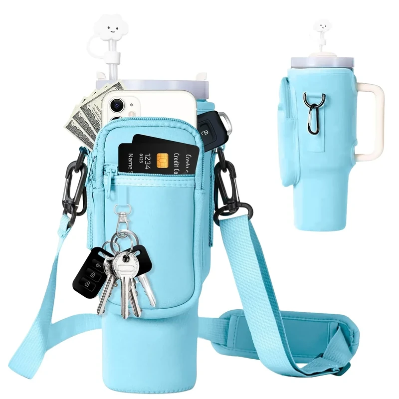 Tasche für Stanley Cup 40oz - Tragetasche mit Handyfach, Karabiner & verstellbarem Schultergurt - Ideal für Reisen, Wandern, Laufen & Radfahre (Himmelblau)