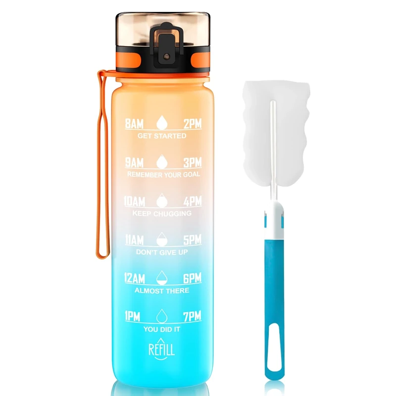 SYDERUER Trinkflasche 1L, BPA-Freies Tritan-Material 1 Liter Wasserflasche Sport mit Zeitmarkierung, Flasche für Fitnessstudio, Gym, Outdoor, Schule(Orange/Blau)