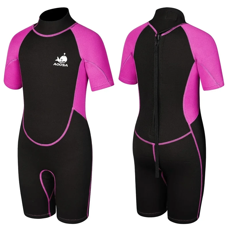 AOOSA Neoprenanzug Kinder für Jungen und Mädchen, 2.5 mm Neopren Thermo Badeanzug, Shorty Neoprenanzug mit Reißverschluss Hinten für Wassersport, Schwimmen, Schnorcheln, Surfen, Tauchen (Rosenrot, XL)
