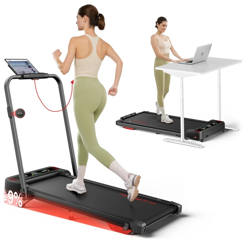Klappbares Laufband mit Steigung für Zuhause & Büro – 9% manuelle Neigung, kein Aufbau nötig, All-in-1 Walking Pad für klappbar, 1–12 km/h, LED-Doppelanzeige, Walkingpad mit App & Fernbedienung