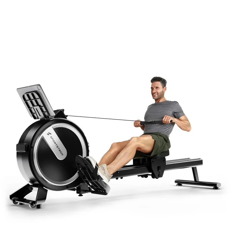 Sportstech PROwer WRX500 Rudergerät für zuhause, Magnetwiderstand und Wasserwiderstand, LED Display, App kompatibel, Rudermaschine leise bis 120 kg, Fitnessgerät für Zuhause Home Gym