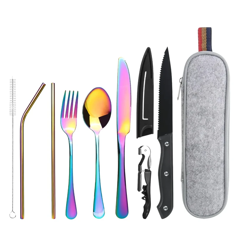 Reisebesteck Camping Besteck To Go, 9-Teilig Edelstahl Besteck mit Bestecktasche, Tragbare Campingbesteck, Camping Cutlery Set, (Bunt)