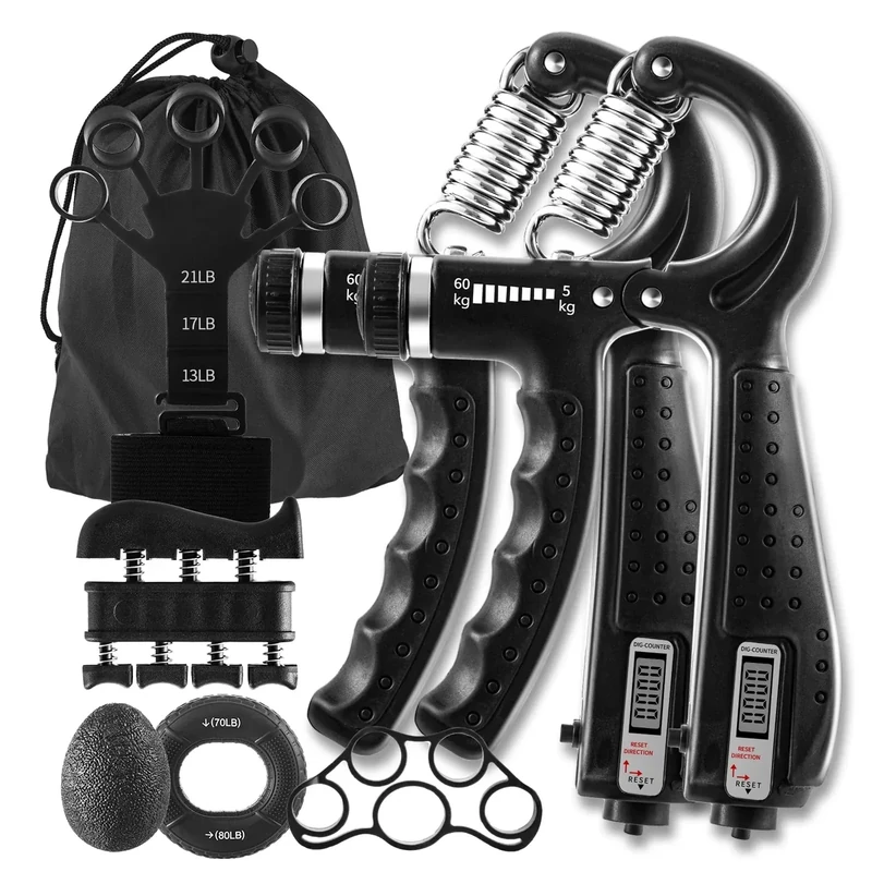 7 PCS Griffkraft Trainer Set, 2 verstellbare Handtrainer Unterarm trainer, 1 Aufbewahrungstasche, Fingerstrecker, Handgelenk Trainer, Trainingsring & Stressabbau-Griffkugel, Finger Exerciser