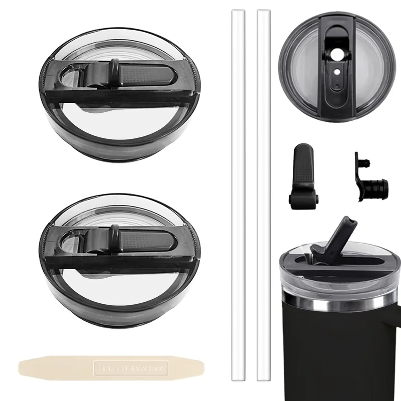 CHIHOLEN 2 Stück Stanley Cup Deckel Auslaufsicher,Ersatzdeckel für Stanley 30oz Becher,Deckel für Stanley Cup,Zubehör für Stanley Cup,mit 2 Trinkhalmen und 1 Hilfs Demontage-Werkzeug(2 Schwarz)