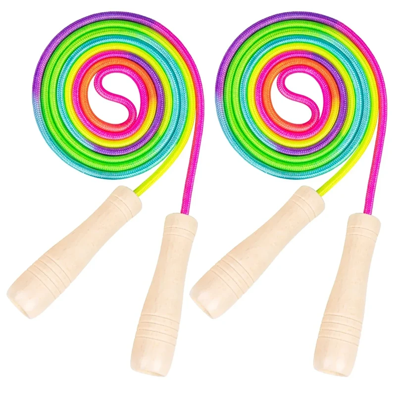 2 Stück Springseil Kinder, 260cm Verstellbares Springen Seil mit Holzgriff und Regenbogen-Springseil, Skipping Rope Kids für Fettverbrennung & springen Übung & Fitness