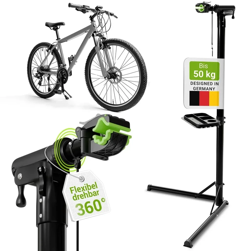Juskys Fahrrad Reparaturständer, bis 50 kg für E-Bike, klappbar & höhenverstellbar, Klemmkopf 360° drehbar, Gummibeschichtung & Werkzeugablage, Schwerlast Fahrradständer für 24 bis 29 Zoll Fährräder