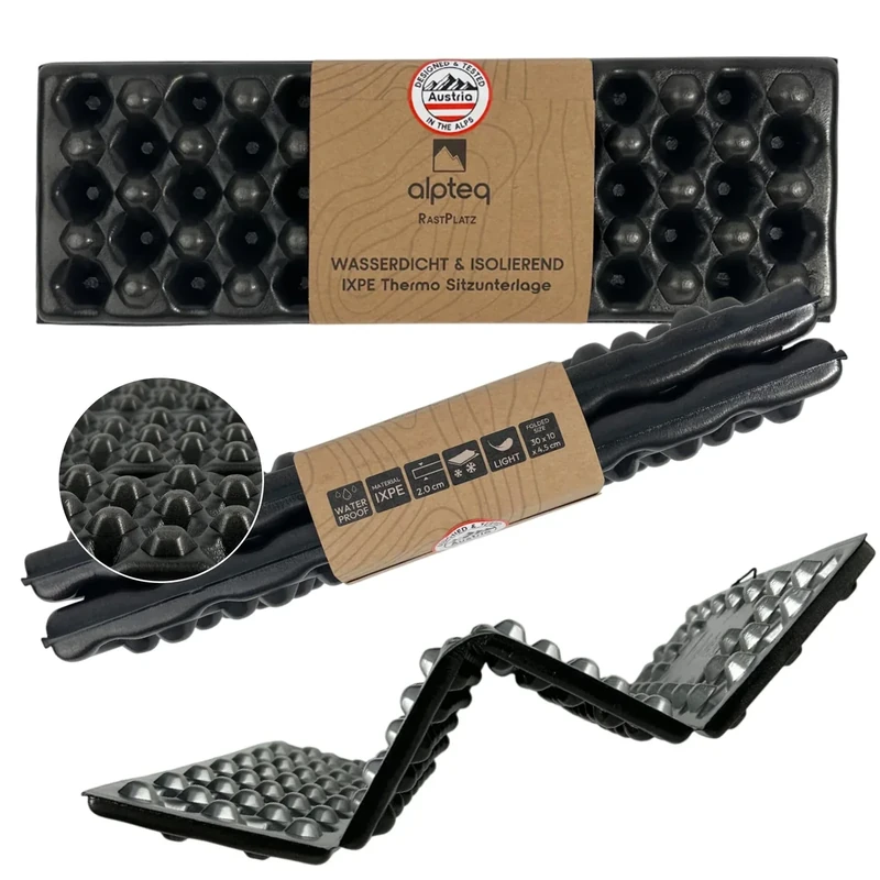 Alpteq® RastPlatz Sitzkissen faltbar – Outdoor-Thermomatte für Garten, Camping & Freizeit, wasserdicht, isolierend & Ultraleicht, Sitzmatte ideal für Rucksack & Stuhl (Flat Pack | Schwarz | Einzeln)