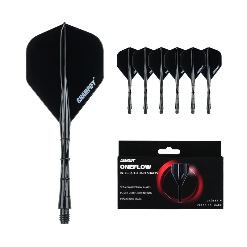 Champify® 6X OneFlow Dart Shafts mit Flight – Schwarz – Größe M | Integriertes Flight-Shaft-System für Steeldarts & Softdarts | Dartflights aus Kunststoff | Für Anfänger & Profis