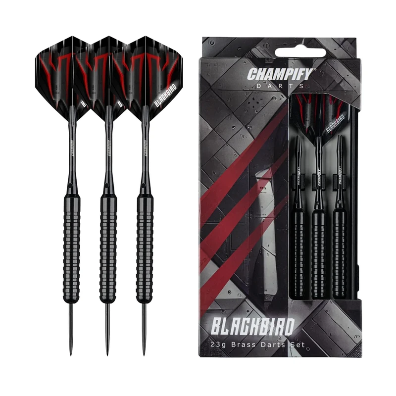 Champify® Brass Darts Set „Blackbird“ – 3 Dartpfeile mit 23g Barrel & Stahlspitze | inkl. 6 Alu-Schäfte, Flights & Zubehör | Präzise Steel Darts in Stealth-Optik für Anfänger & Profis | Dartpfeile Set