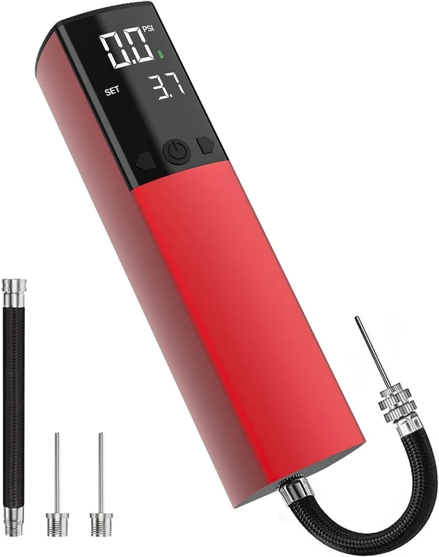 Elektrische Ballpumpe, Intelligente Luftpumpe, Tragbar, Schnelles Aufpumpen des Balls mit Präzisem Manometer und Digitalem LCD-Display für Fußball, Basketball (2 Nadeln und 1 Düse) Rot