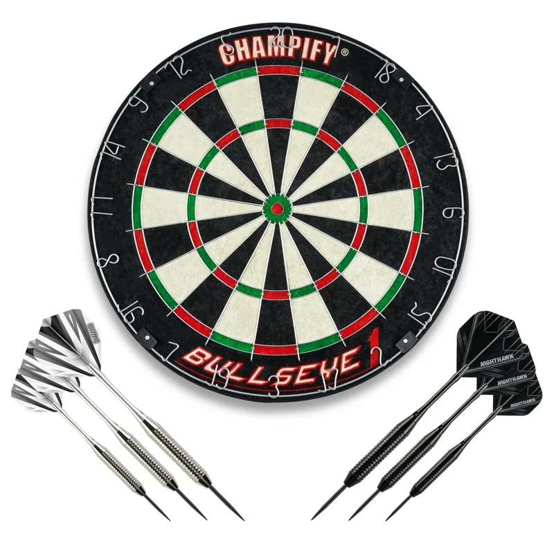 Champify® Dartscheibe Steeldart inkl. 6 Darts – Turniergröße Ø 45 cm – Hochwertiges Sisal Dartboard Set mit 6 Brass Darts & Montagekit – Steeldartscheibe für Anfänger & Fortgeschrittene – Indoor