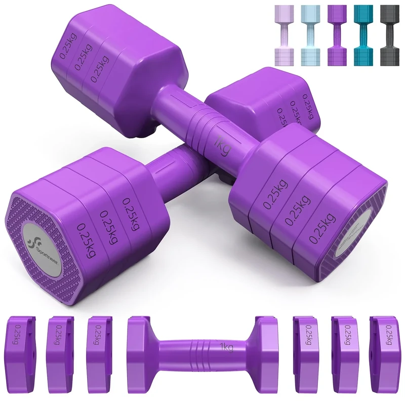Sportneer Verstellbare Hanteln Frauen Set: Hanteln Set je 1-2,5 kg Gewichte, 4-in-1 Adjustable Hexagon Dumbbell Set, Kurzhanteln 2er Set für Fitness, Home Gym, Krafttraining, Geschenk (Neu-Lila)