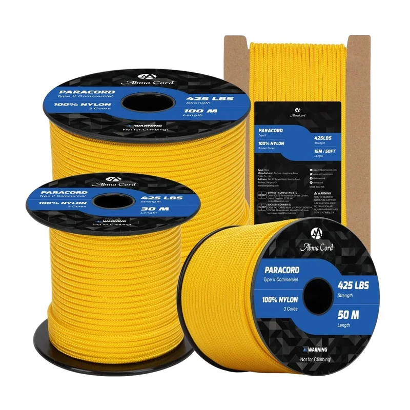 Abma Cord Paracord 3mm 15M 100% Nylon Seil Paracord 425 Typ II Schnur mit 3 Kern für Basteln, Camping, Survival - Max. 192kg (425lbs) - Golden Gelb