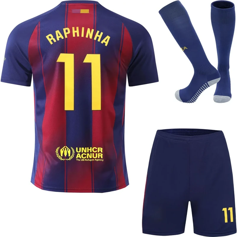 HUSSATEX Barca 2025/2026 Raphinha Heim Kinder Fußball Trikot & Shorts mit Socken Geschenk Set Jugendgrößen (Blau,26)