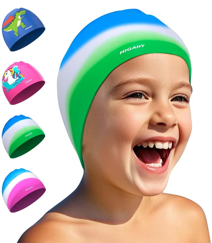 Badekappe Kinder - wasserdichte Badehaube für Jungen Mädchen, Silikon Schwimmkappe für 3-15 Jahre, Bequeme Badekappekinder mit UV-Schutz und rutschfest, Geeignet für Schwimmen Tauchen