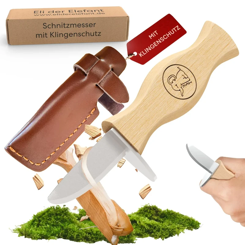 Eli® Schnitzmesser für Kinder mit Klingenschutz aus Leder ab 6 Jahre - hochwertiges Kindermesser Schnitzset - Kinderschitzmesser - Schnitzwerkzeug für Jungen und Mädchen - Outdoor Messer