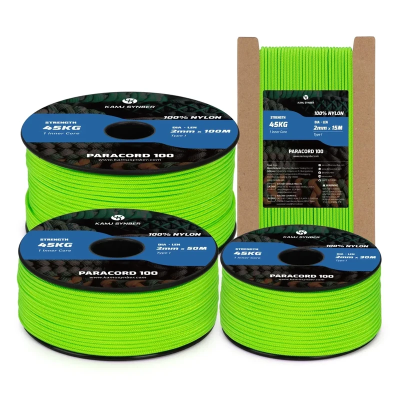 Kamu Synber 2mm Paracord 30M 100% Nylon Seil Reißfeste Schnur mit 1 Kern Typ I Allzweckseil für Basteln, Outdoor, Camping, Survival | Tragkraft 45kg | Neongrün