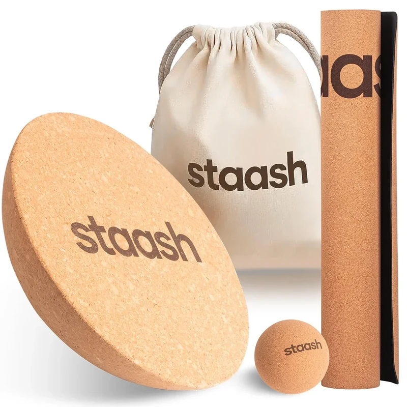 STAASH® Kork-Halbkugel – Balance Trainer Ø30 cm aus Naturkork – Für Yoga, Reha, Fitness & Boardsport – Optional mit Tragebeutel, Antirutschmatte & Massageball – Umweltfreundlich (Holz)