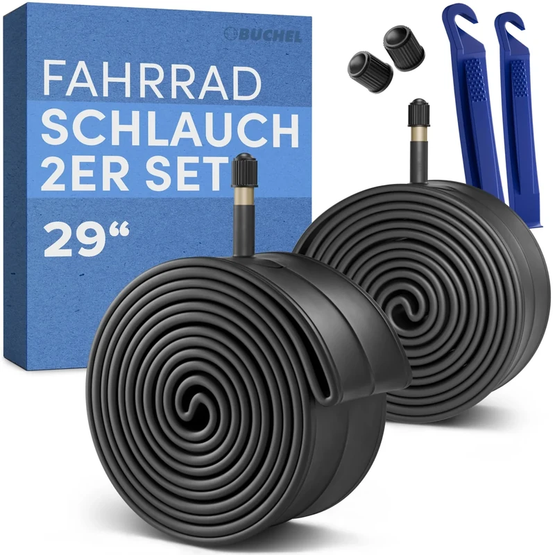 Büchel Fahrradschlauch 29 Zoll - AV 40mm, 29x1,75-2,125 (47-622) inkl. Reifenheber & Ventilkappe - Robuster & Luftdichter 29 Zoll MTB Schlauch aus Hochwertigem Kautschuk - City&Tour Fahrradschläuche