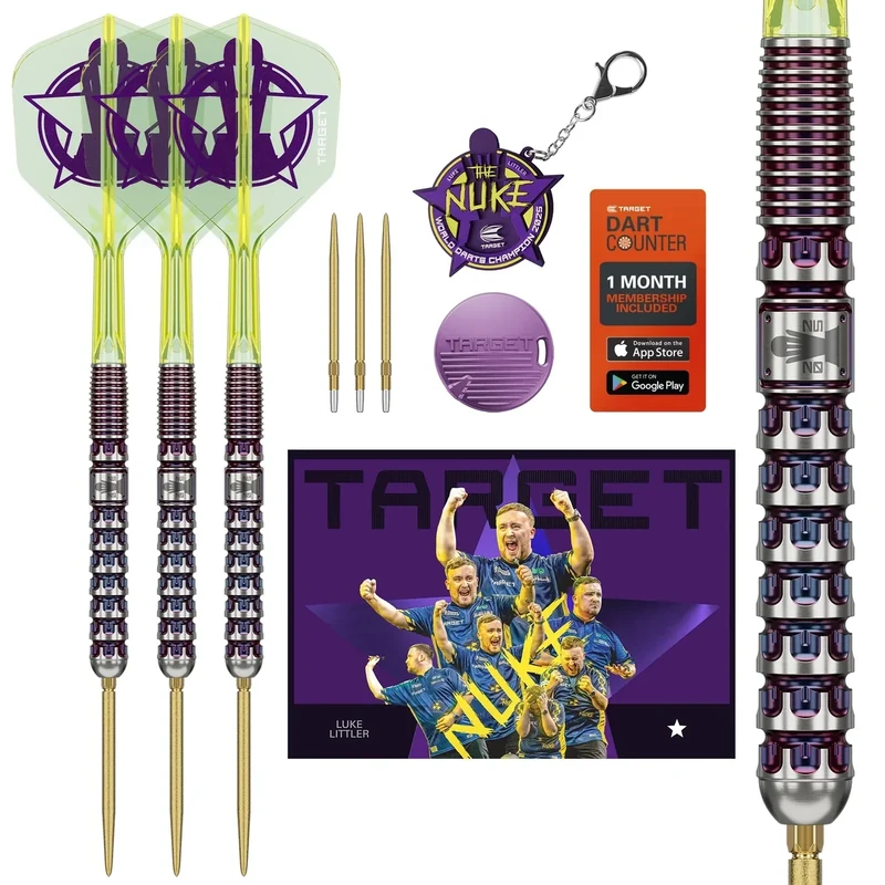 Target Darts Luke Littler World Champion Swiss Point Steeldarts, 90% Tungsten Dart-Set, 23G | The Nuke 2025 Special Edition K-Flex, Inklusive Schlüsselring, Ersatz SLK Swiss Point-Spitzen