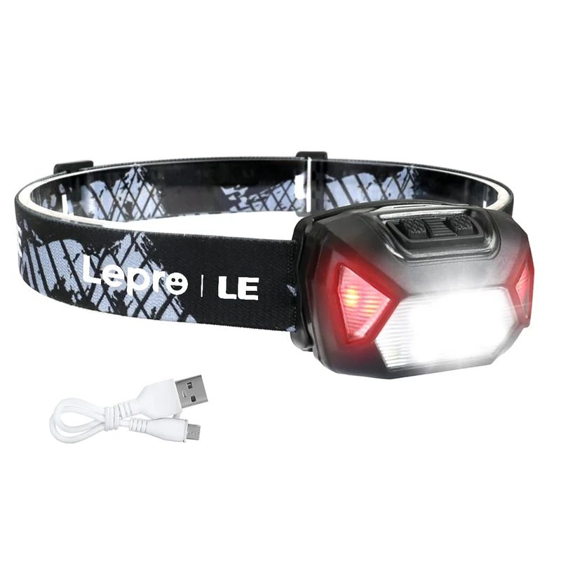 Lepro Stirnlampe LED Wiederaufladbar, 2000 Lux Superhell Kopflampe Stirnlampe mit Rotlicht und 6 Lichtmodi, IPX4 Wasserdicht Stirnleuchte, Ideal für Camping&Joggen, Schwarz [inkl. USB Kabel] - Image 1