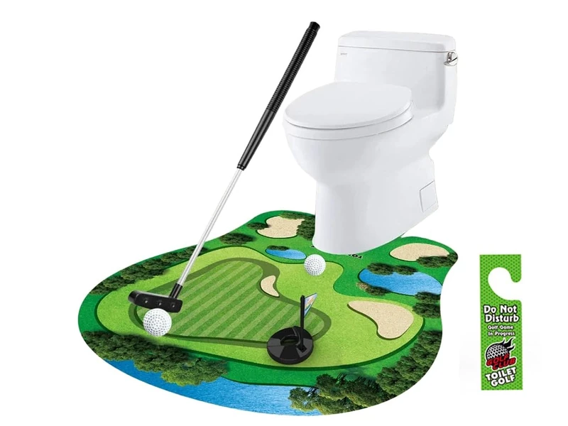 Hitopin Toilettengolf Geschenk Set, Mini Golf Männergeschenk, MiniGolf Männergeschenk fürs Badezimmer, Golf Zubehör Geschenke für Männer, mit Golfschläger, Puttingmatte, 2 Golfbälle und Türhänger