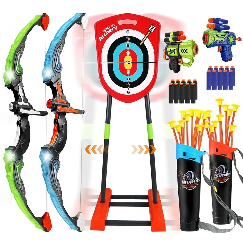 Pfeil und Bogen Kinder mit LED-Leuchten, Bogenschießen Set mit 2 Bogen, 1 Stehender Zielscheibe, 2 Schaumstoff-Pfeilpistolen, 20 Saugnapfpfeilen, 2 Köchern, Spiele für ab 4 5 6 7 8-12 Junge Mädchen