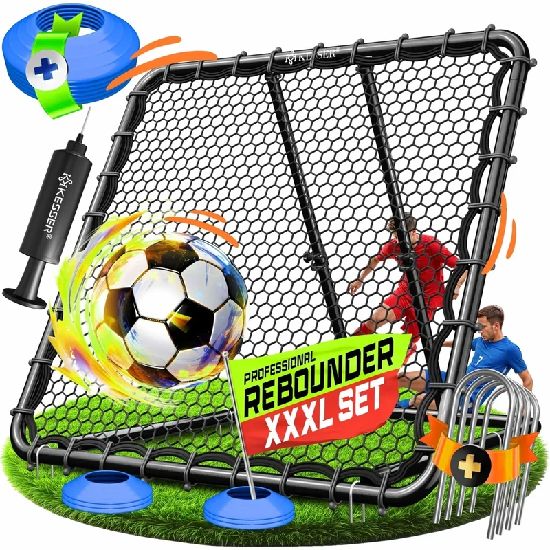 KESSER® Fußball Rebounder 128x128 cm | Verstellbares Trainingsnetz | Pass- und Schusstraining | inkl. Luftpumpe, 6 Markierungshütchen & 4 Widerstandshaken | für Handball, Volleyball | Prellwand