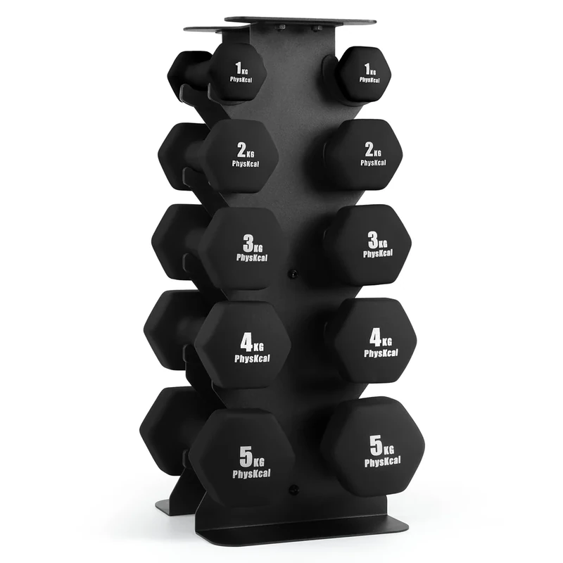 PhysKcal 30kg All Black Hanteln Satz von 5 Paaren mit Lagerung Rack