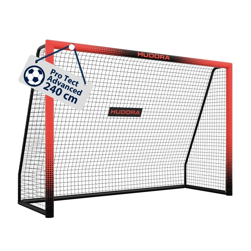 HUDORA Fußballtor Pro Tect 240 Advanced – Outdoor Fußballtor mit Netz und wetterfester Ummantelung für Kinder und Erwachsene – Einfacher Aufbau im Garten – Tor mit Reiß- und Klettverschlüssen – Rot