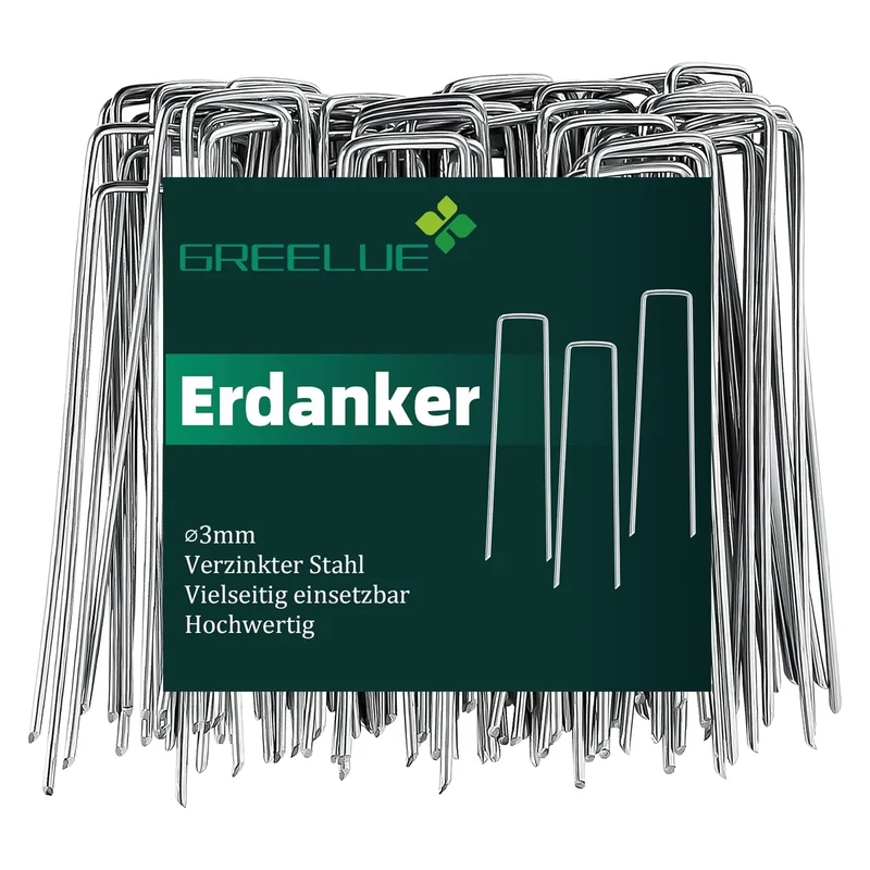 GREELUE 50 Stück Ø3mm Erdanker Bodenanker, 150x25mm Verzinkter Stahl Anti-Rost Erdnägel für Unkrautvlies Gartenvlies Camping