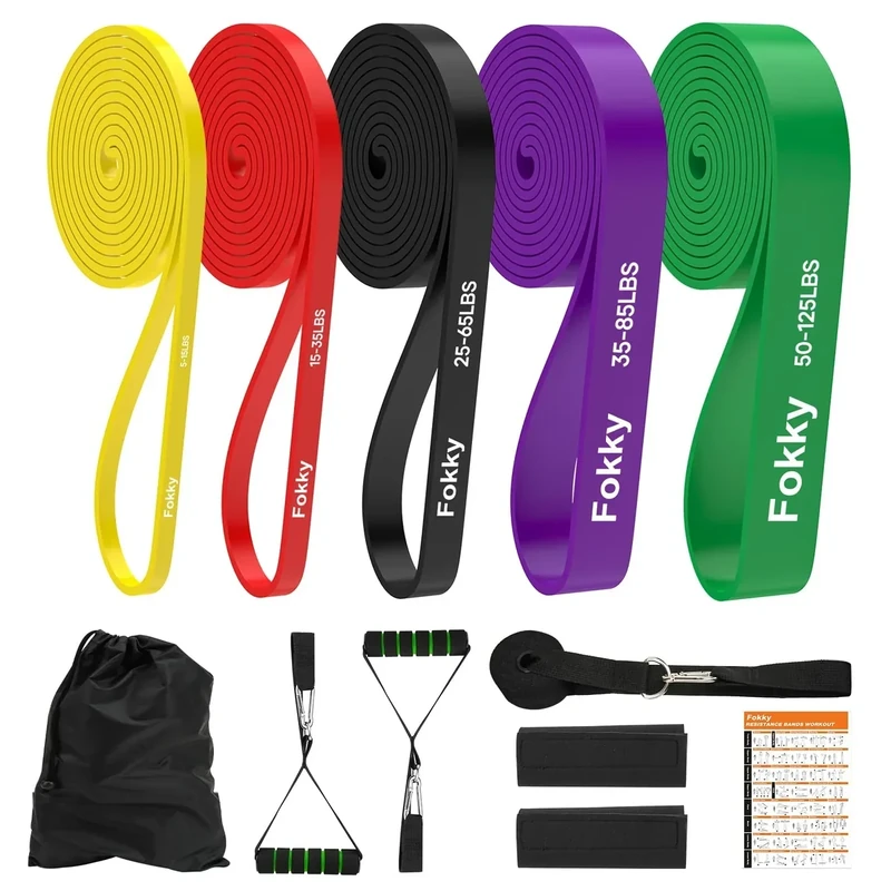 Fokky Fitnessbänder,5er Set Resistance Bands, Widerstandsbänder 5 Widerstandsstufen mit Türanker,Griffe,Knöchelriemen,Ideal für Yoga,Pilates,Muskelaufbau