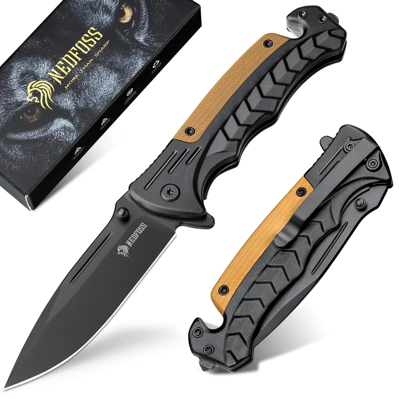 NedFoss FA46N Taschenmesser, Rettungsmesser mit Gurtschneider & Glasbrecher, Klappmesser mit Gürtelclip, Einhandmesser für Auto, Survival überlebensmesser für Unfallsituationen, Rescue messer