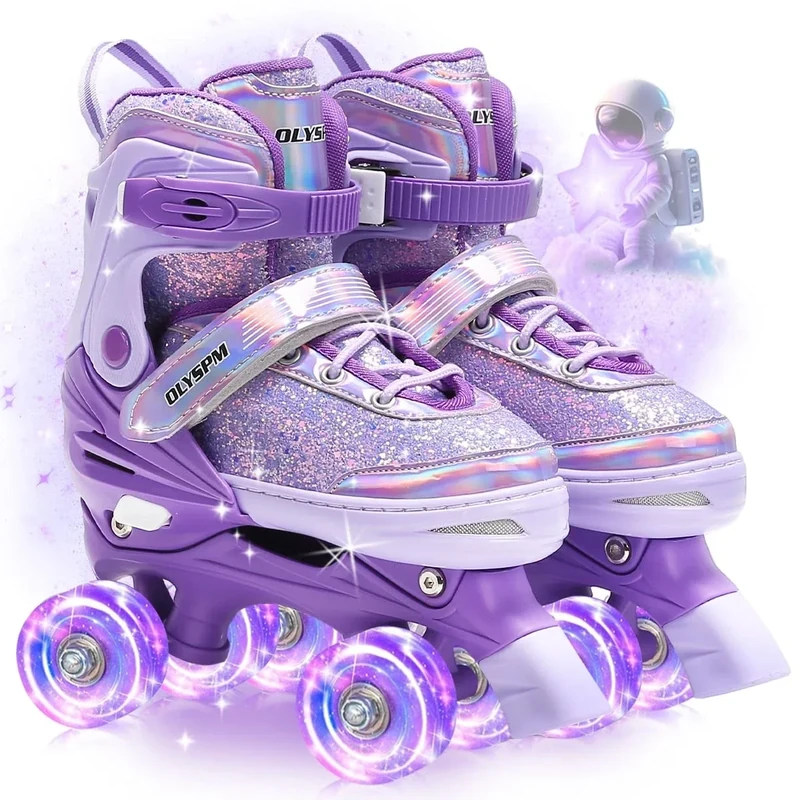 OLYSPM Rollschuhe Kinder Mädchen,4 Verstellbare Größen mit fluoreszierendem Oberteil,Rollschuhe mit Leuchtenden Rädern für Anfänger Weihnachts und Geburtstags Geschenke(Violett)
