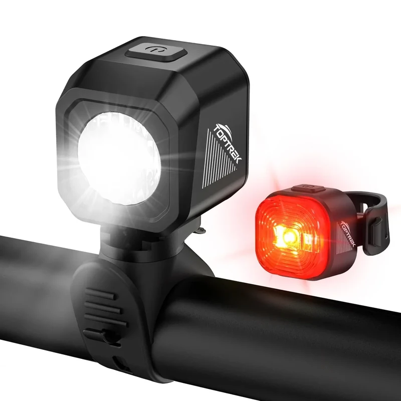 toptrek Fahrradlicht Set USB Aufladbar, StVZO zugelassen Fahrrad Lichter Led Set, IPX5 Wasserdicht Fahrradbeleuchtung Set, Batterie Aufforderung Schwach, Frontlicht & Rücklicht Set