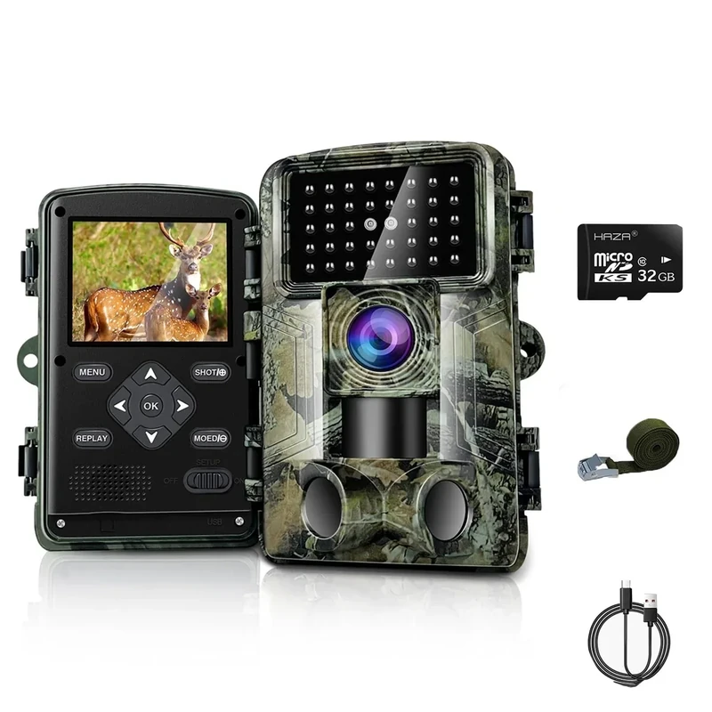 HAZA Wildkamera,2.7K Wildtierkamera,58MP Full HD wildkamera mit bewegungsmelder nachtsicht,beobachtungsmonitore mit 32G SD Karte,0,1s Auslösezeit,IP66 Wasserdicht,Timer,Zeitraffer,Tierkamera (2.7K)
