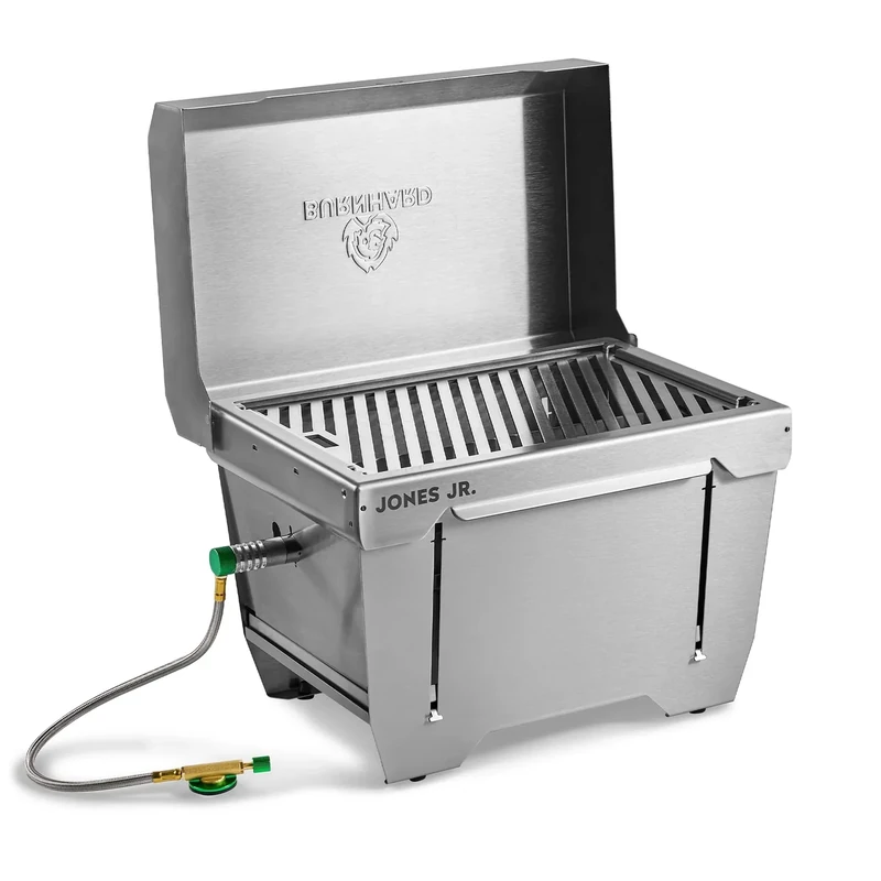 BURNHARD Camping Gasgrill JONES Jr. Edelstahl Klappgrill mit Deckel 1-Brenner 3,2 kW inkl. Transporttasche mit Rucksackfunktion und Multitool, Faltgrill ideal für Camping