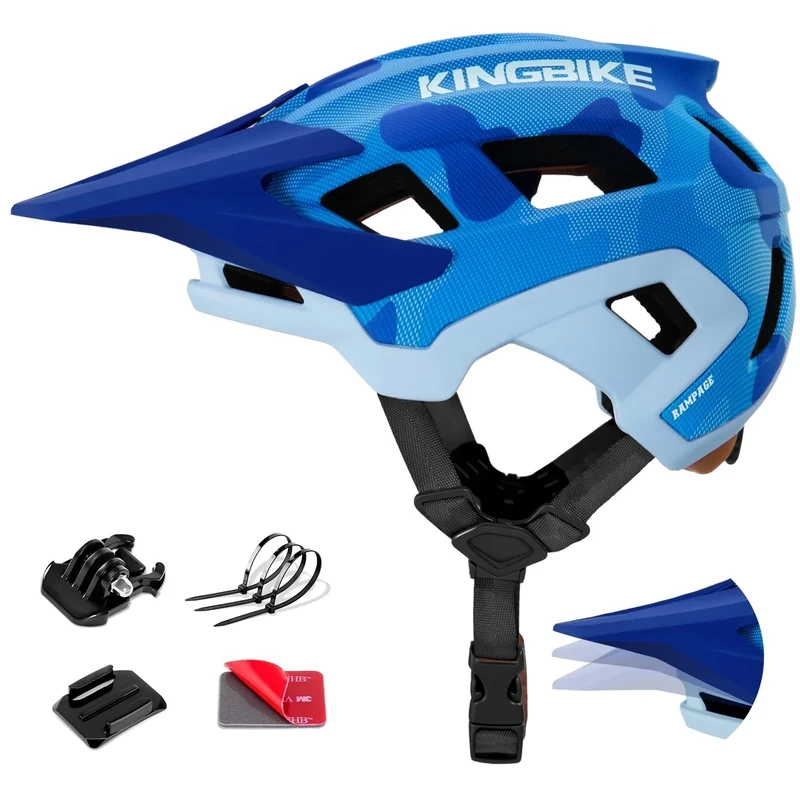 KINGBIKE Fahrradhelm für Herren Erwachsene Professioneller Mountainbike-Helm mit GoPro-Halterung & 3-stufig verstellbarem Visier NTA-8776 E-Bike-Zertifiziert (Camo blau, M)